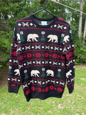 Class Club Black Crewneck Sweater with White Bears, Red and Green Fair Isle
